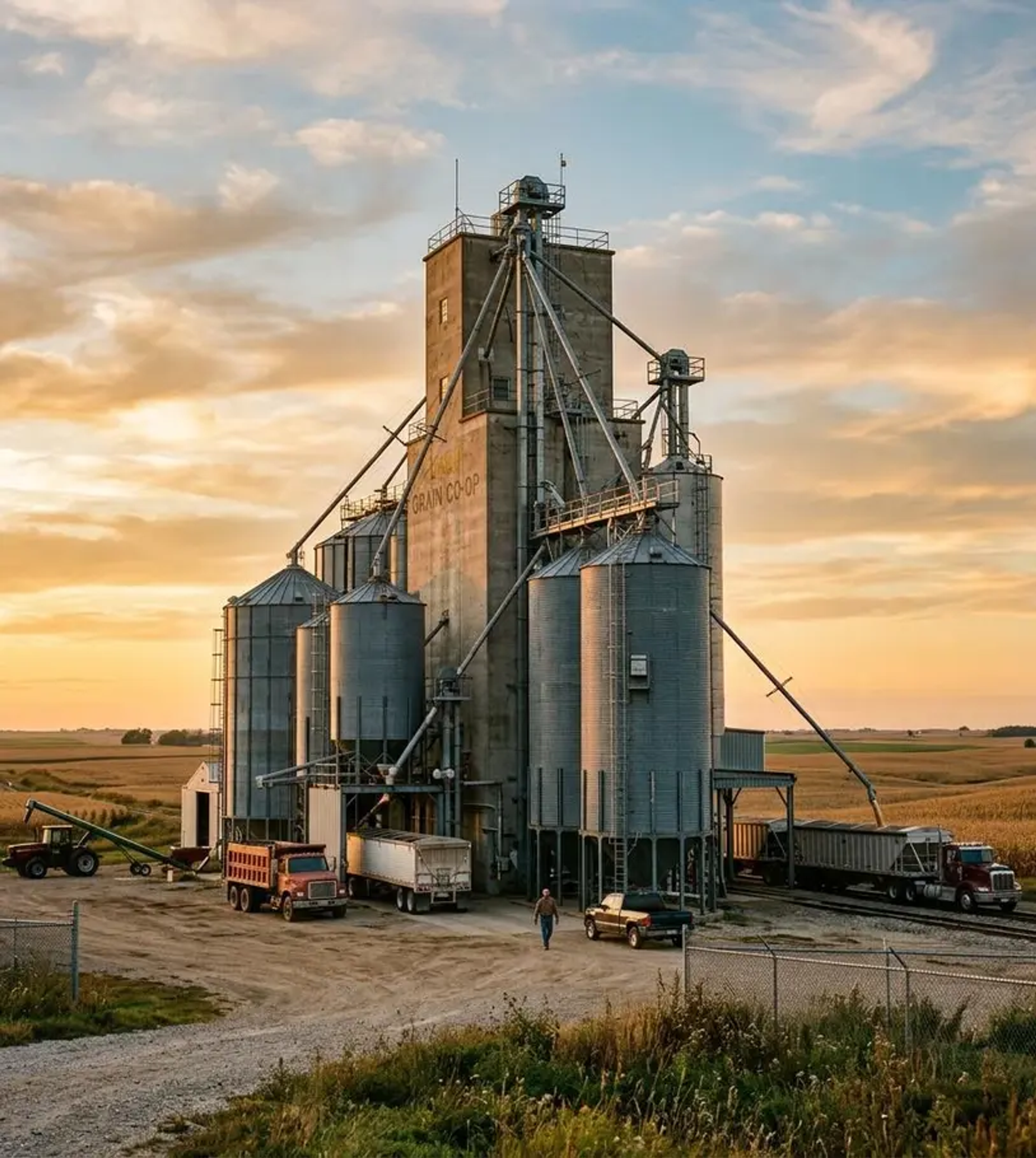 Grain elevator silos and pneumatic conveying lines at a Midwest grain handling operation