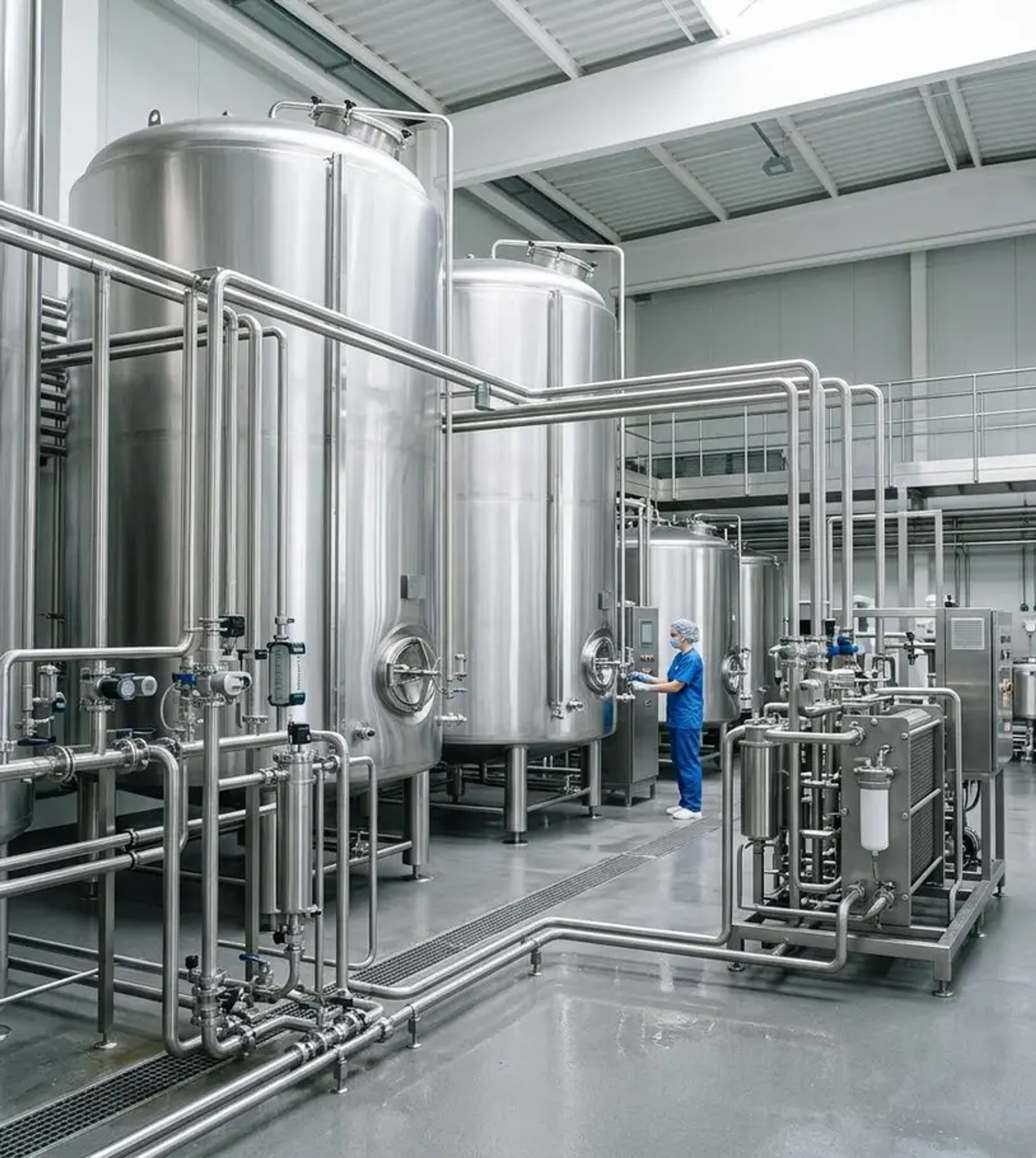 Stainless steel tanks and sanitary piping at a dairy processing plant using oil-free air