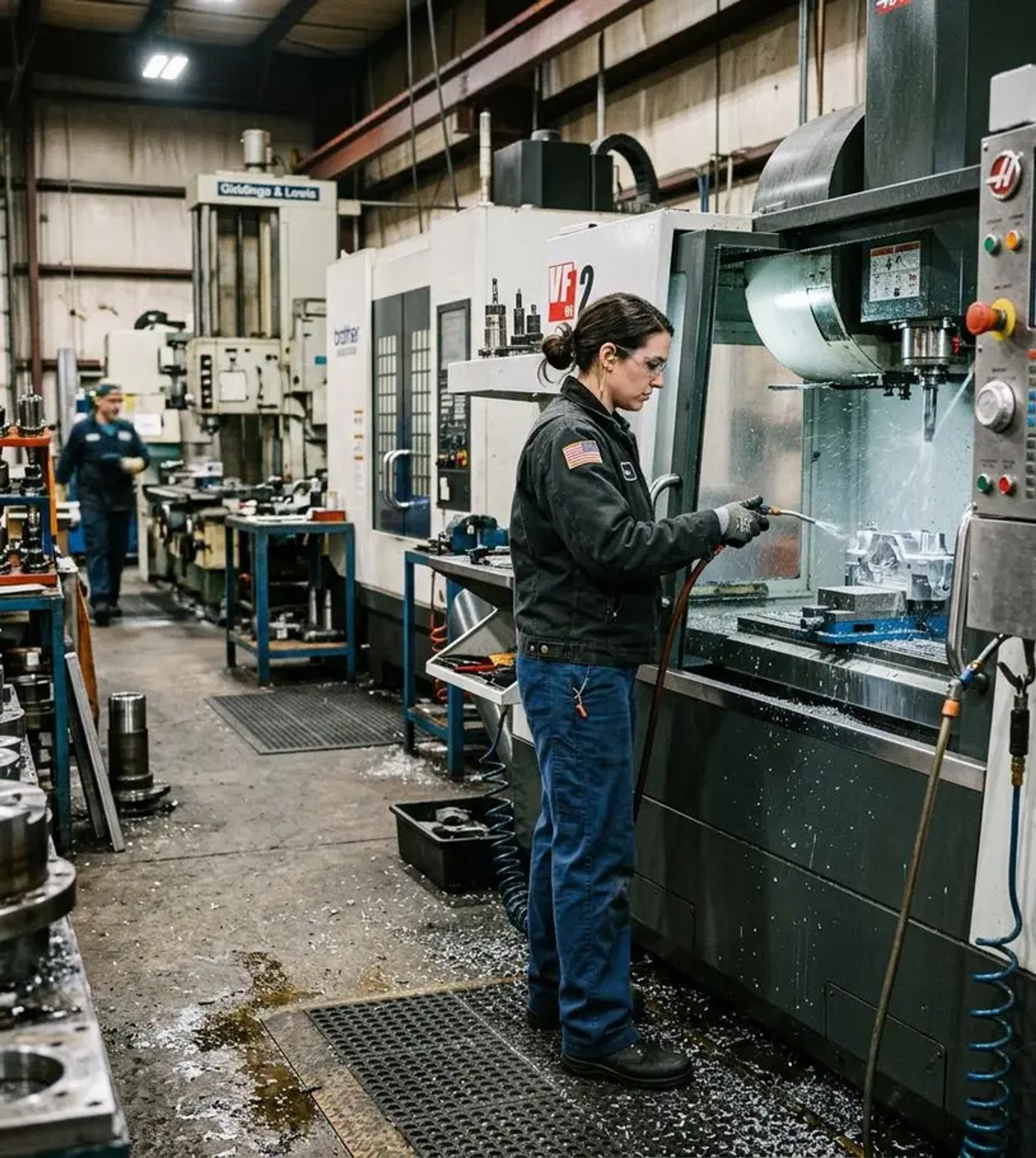 CNC machining centers in a machine shop running on compressed air