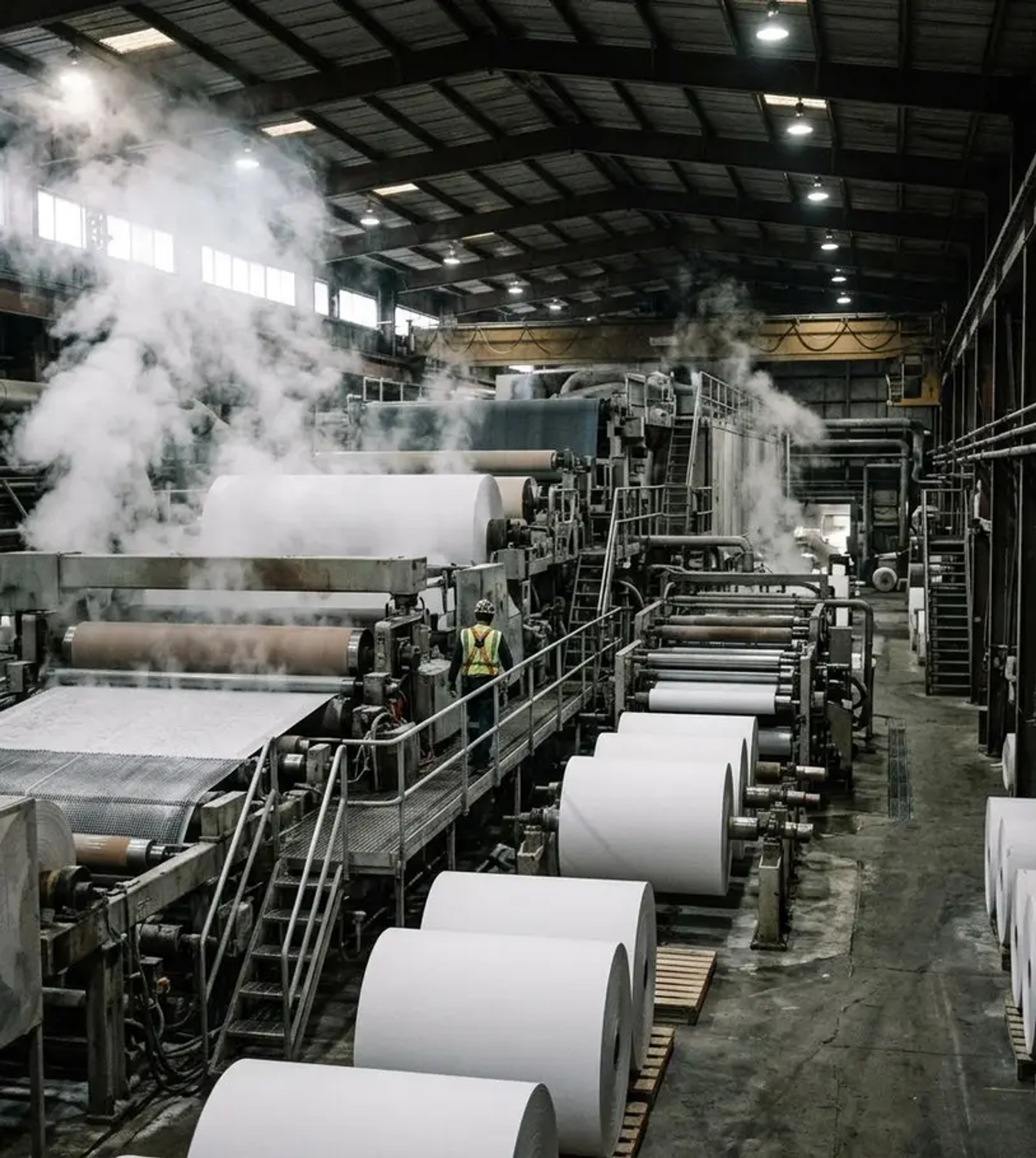 Industrial compressors and desiccant dryers in a paper mill serving web contact and instrument air circuits