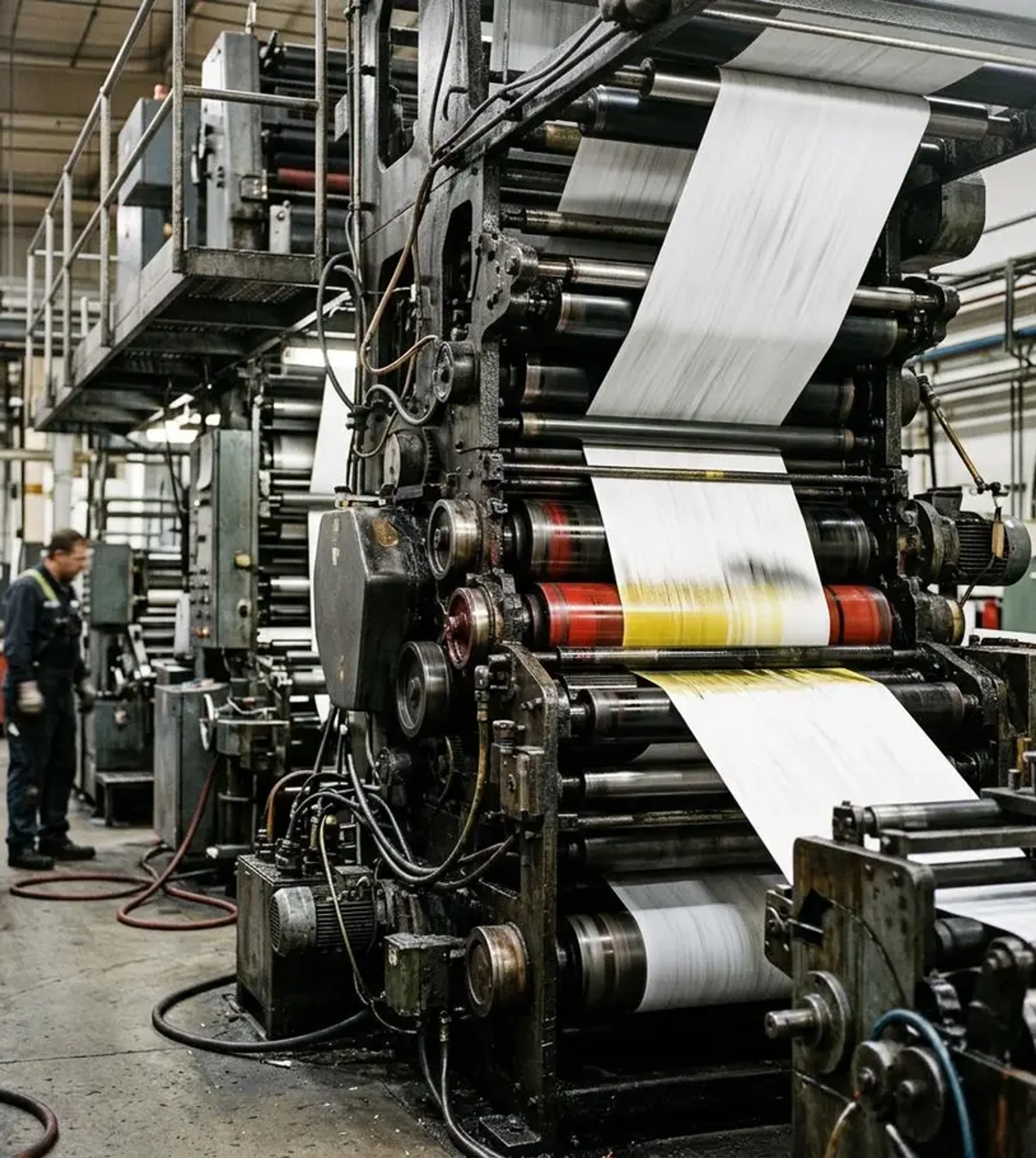 Industrial printing press web supported by clean dry compressed air and vacuum