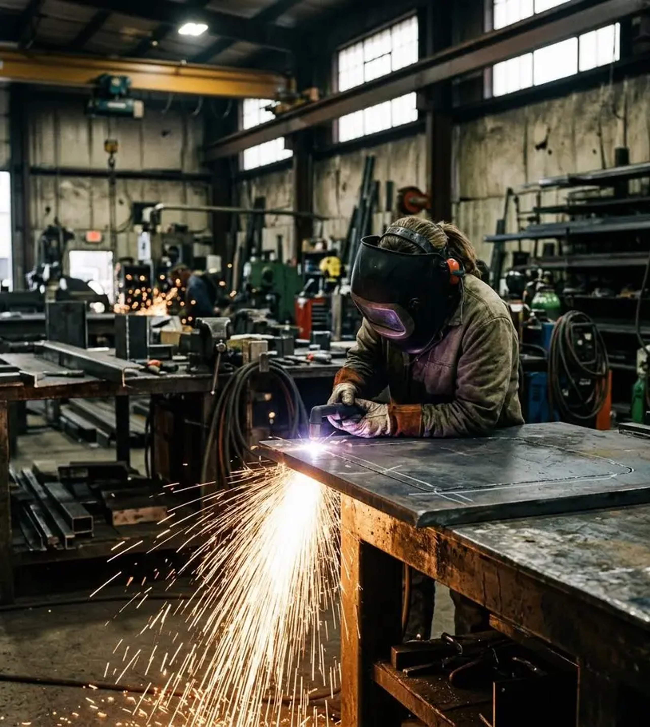 Metal fabrication shop with rotary screw air compressor serving sandblasting, plasma cutting, and machine tools