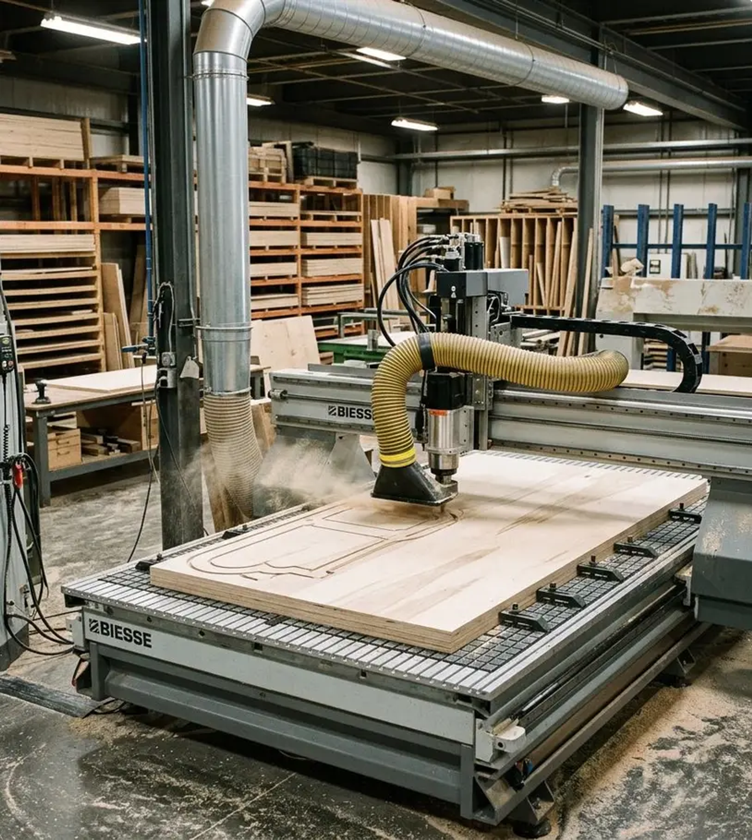 Wood products plant with air compressor serving CNC routing and spray finishing operations