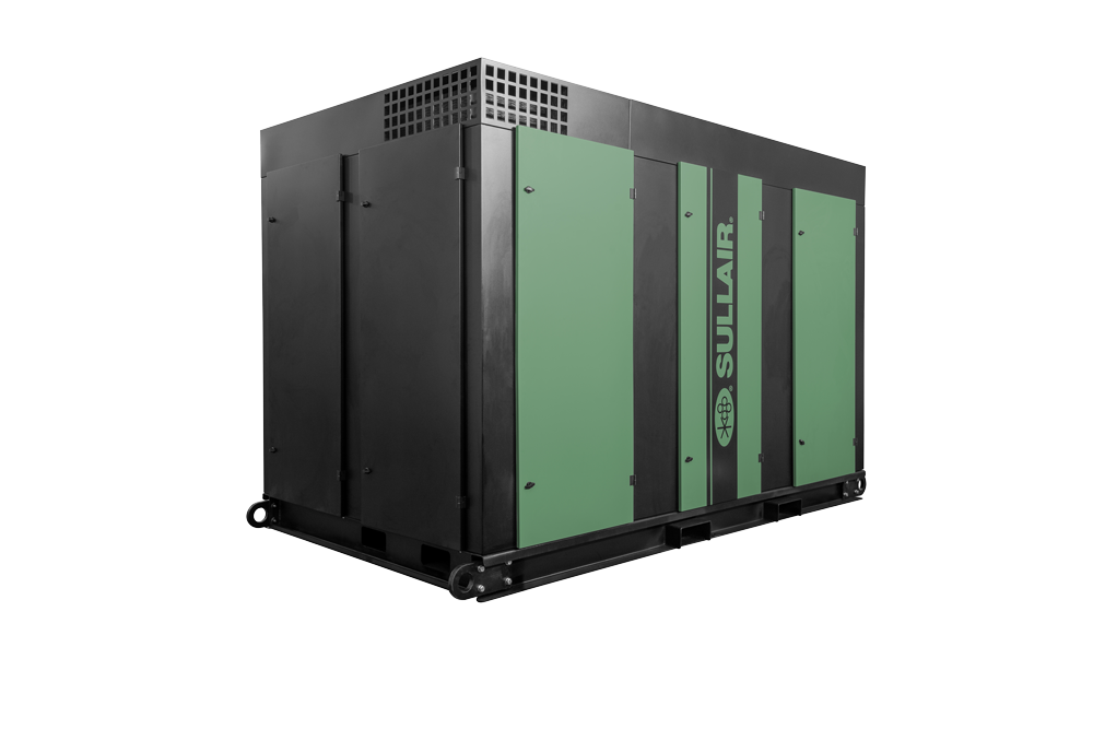 Sullair TS Series two-stage rotary screw air compressor package in green and black enclosure