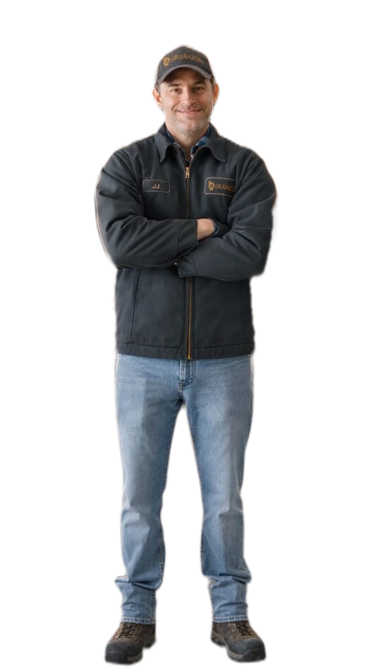 Brabazon field service technician JJ in a Brabazon cap and work jacket, arms crossed and smiling