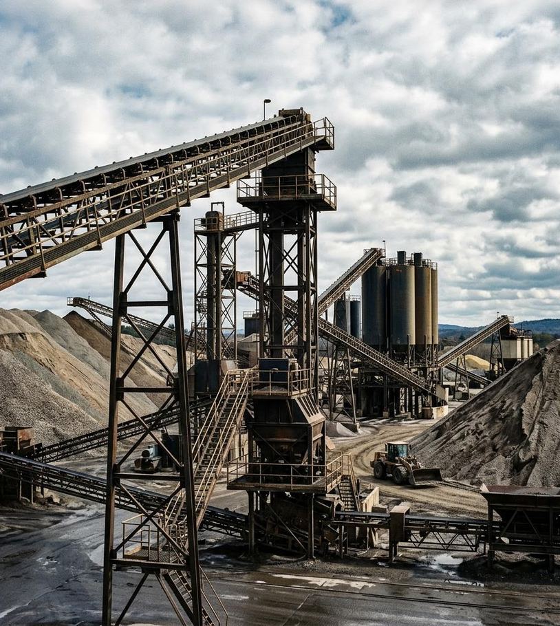 Aggregate and asphalt plant with conveyors and silos served by portable compressors and blowers