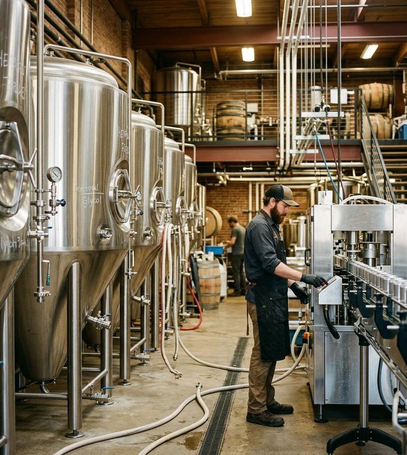 Brewery fermentation tanks and canning line supported by compressed air and nitrogen generation