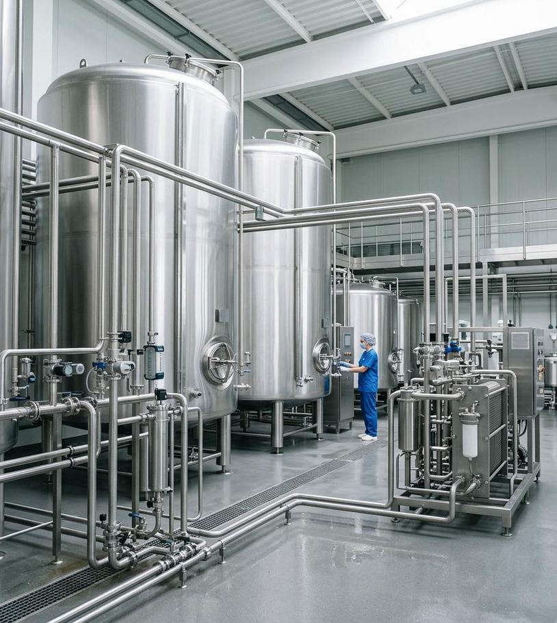 Stainless steel tanks and sanitary piping at a dairy processing plant using oil-free air