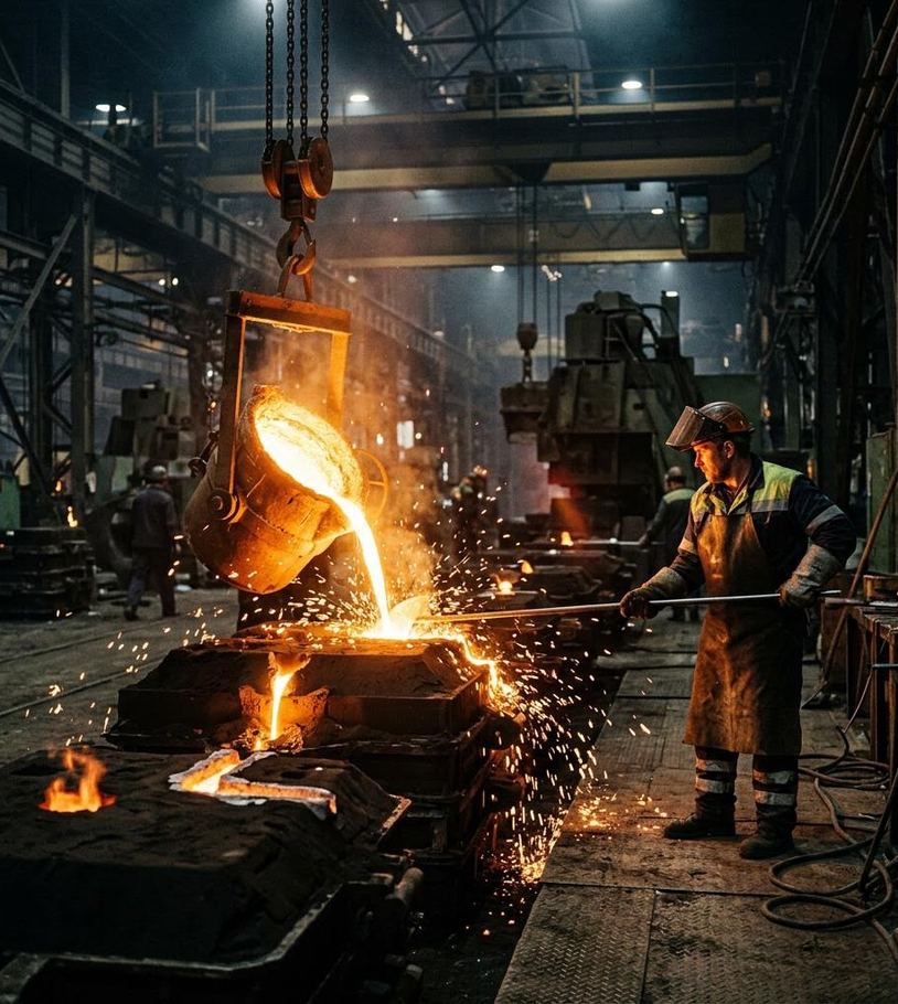 Molten metal pour at a foundry where compressed air runs core making and sand handling