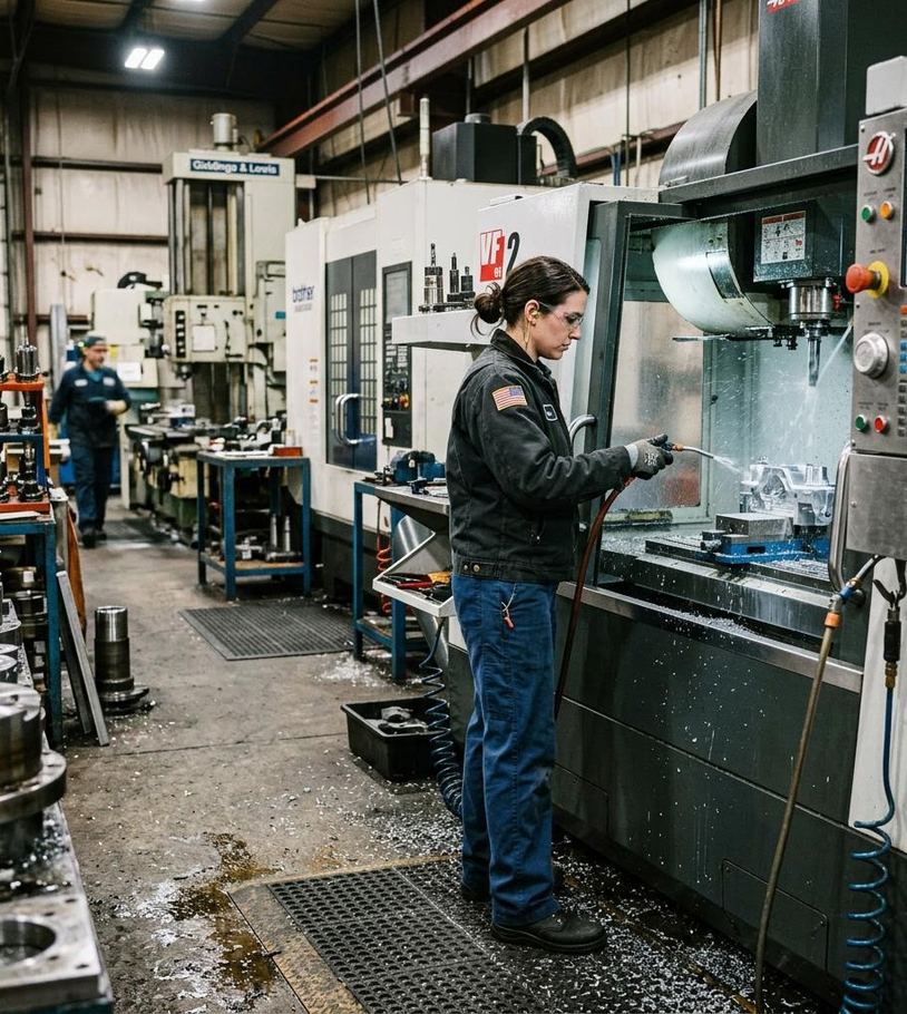 CNC machining centers in a machine shop running on compressed air