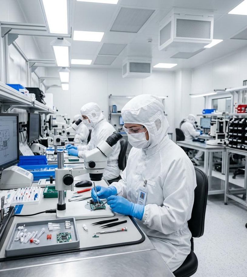 Cleanroom medical device assembly stations supplied with oil-free compressed air