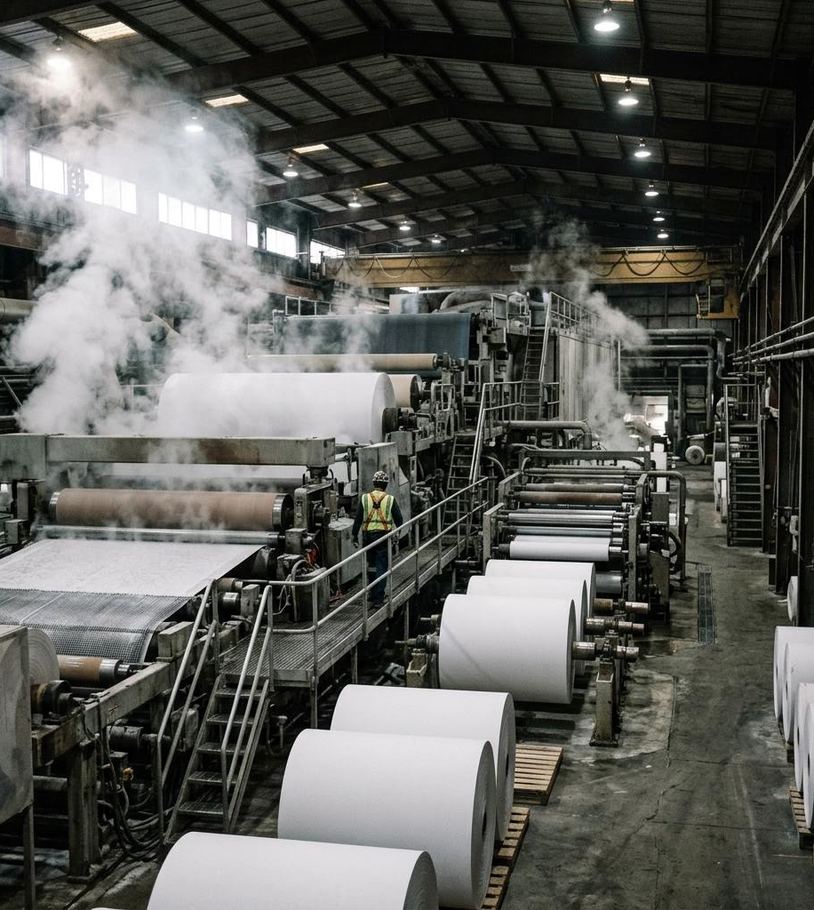 Industrial compressors and desiccant dryers in a paper mill serving web contact and instrument air circuits