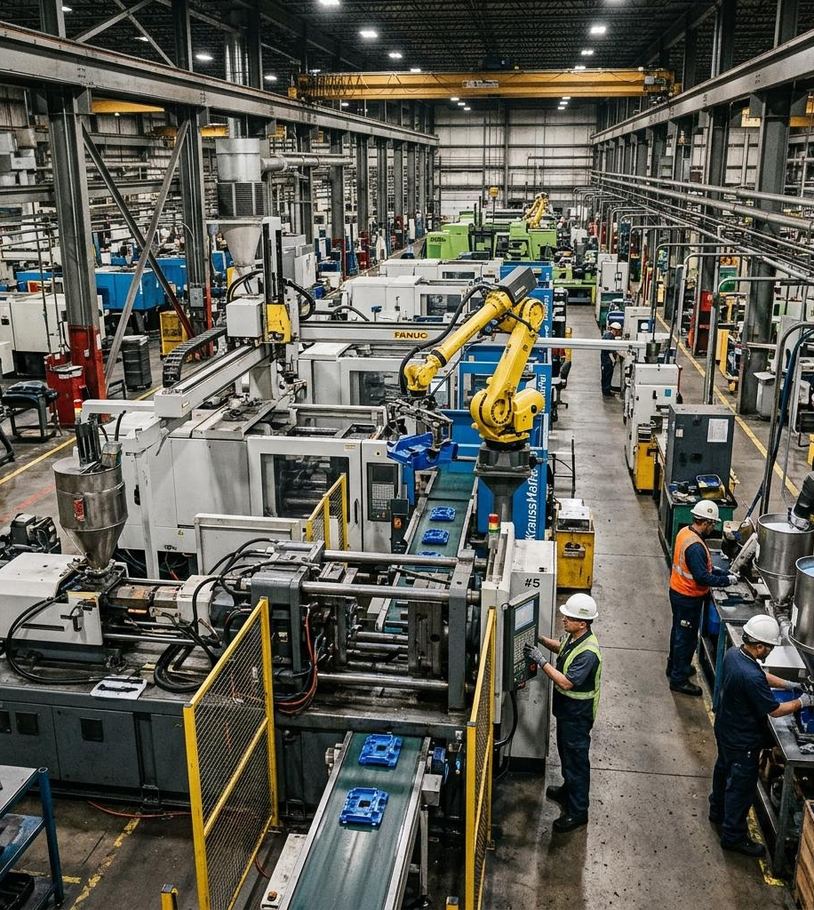 Injection molding machines in a plastics plant running on compressed air and process cooling