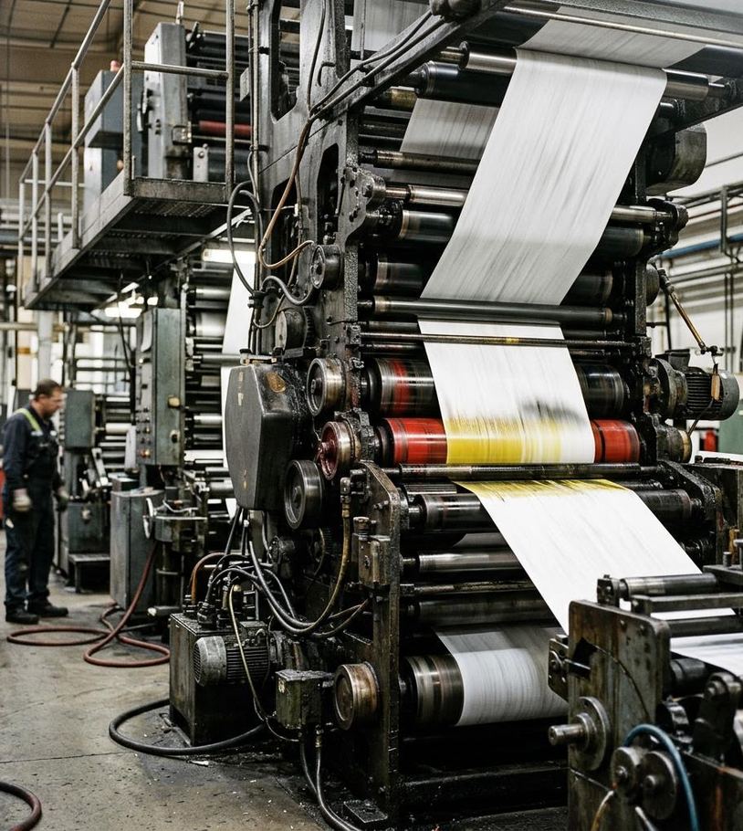 Industrial printing press web supported by clean dry compressed air and vacuum