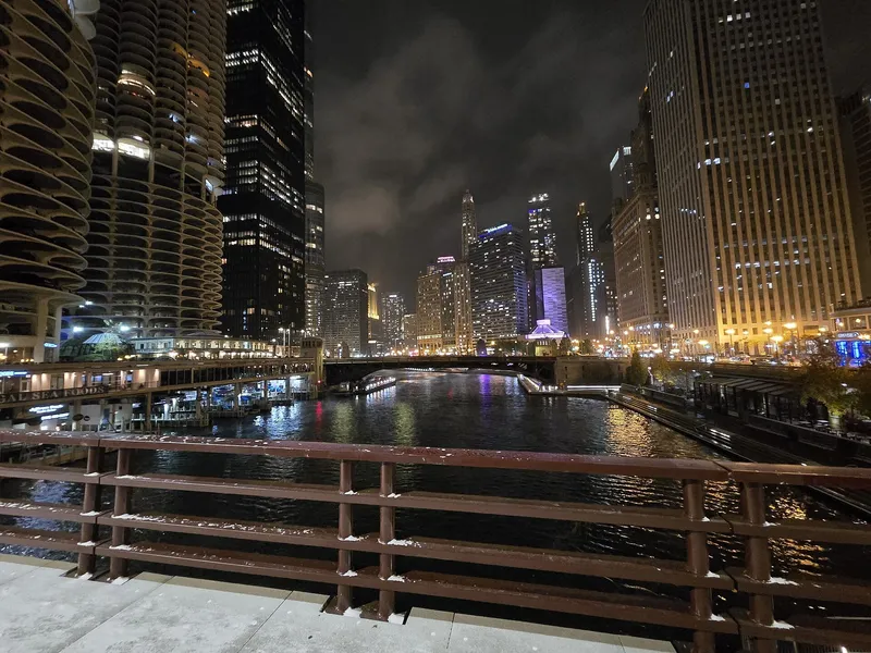Chicago River and downtown bridges at night